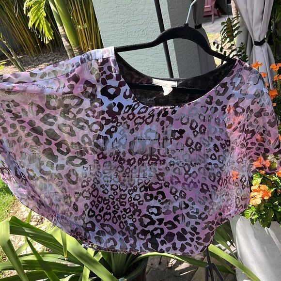 Animal print top. pink & purple. Sheer with black lining. Large - Picture 2 of 3